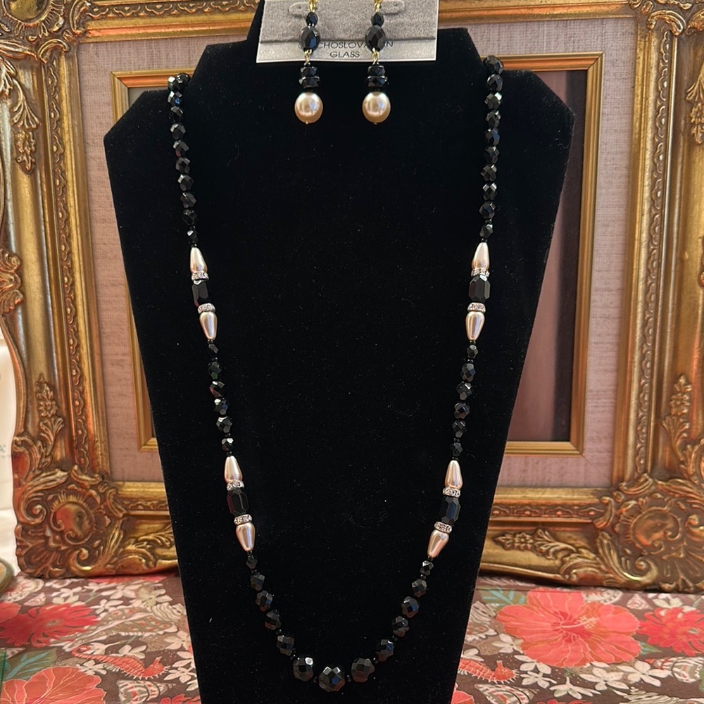 Boheme by Tacoa Czech glass Black Glass & faux pearl Jewelry Set - New